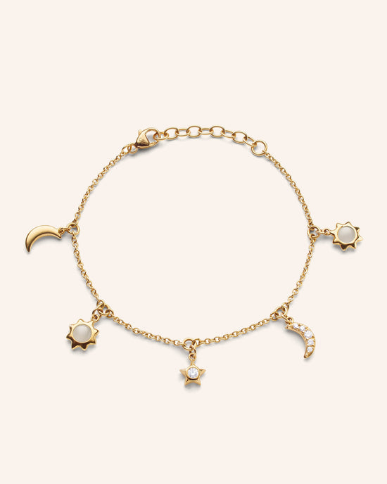 Sun Moon and Stars Dangling Diamond and Moonstone Chain Bracelet