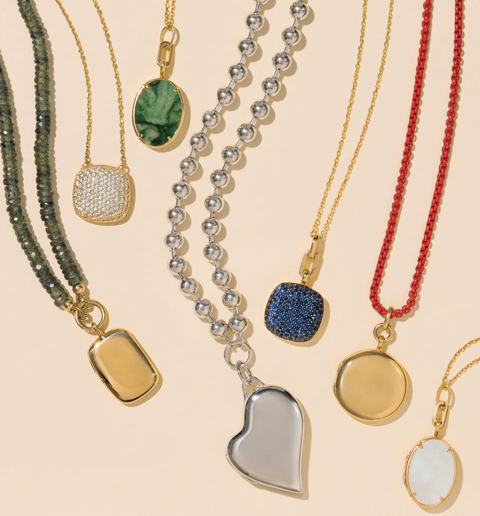Slim Locket Collection in 18k Gold and Sterling Silver featuring diamonds, adventurine, blue sapphires and mother of pearl. 