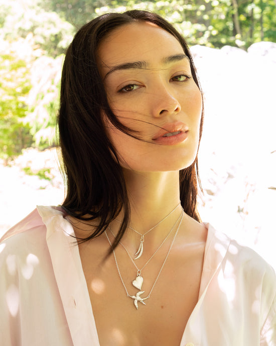 Mother of Pearl Classic Heart Sterling Silver Necklace, Birds of a Feather Necklace, Freedom Swallow Necklace