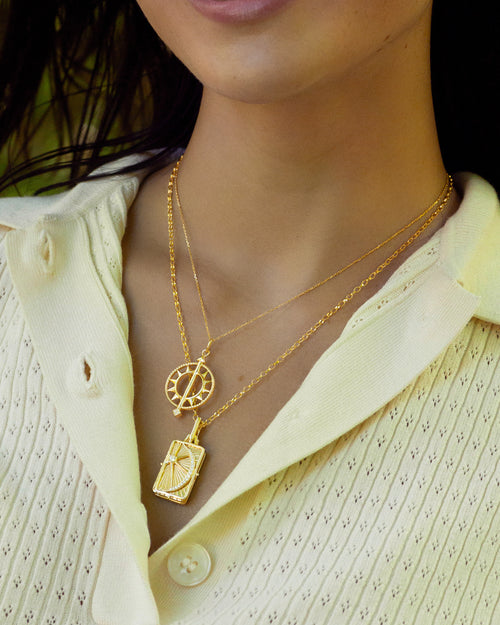 Time is Precious 18K Gold Open Sundial Necklace with Sun, Moon, and Stars Gate Locket