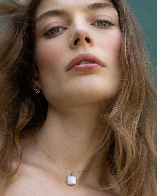 Slim Viv Sterling Silver Locket Necklace with Mother of Pearl