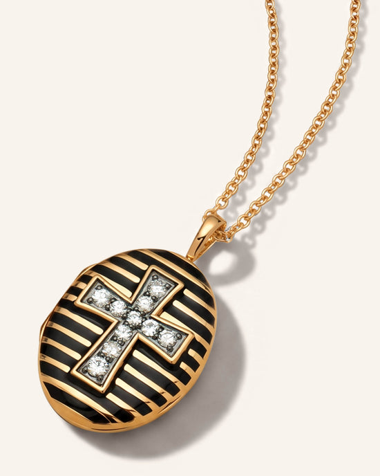Special Edition Striped Oval Locket with Vintage Diamond Cross