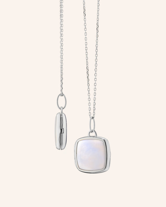Slim Viv Sterling Silver Locket Necklace with Mother of Pearl