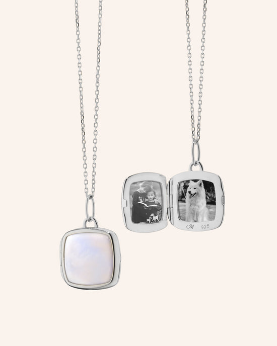 Slim Viv Sterling Silver Locket Necklace with Mother of Pearl