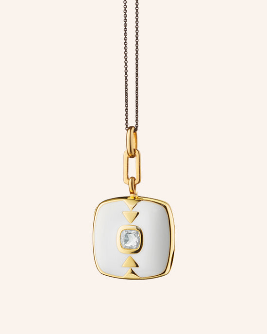 White Enamel Vermeil Cushion Locket with White Sapphire