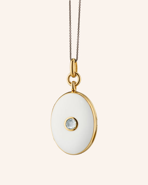 White Enamel Vermeil Oval Locket with Green Sapphire