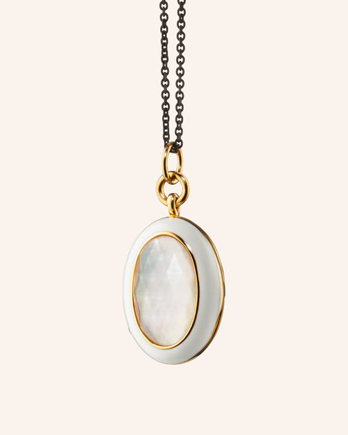 White Enamel Vermeil Oval Locket with Rock Crystal