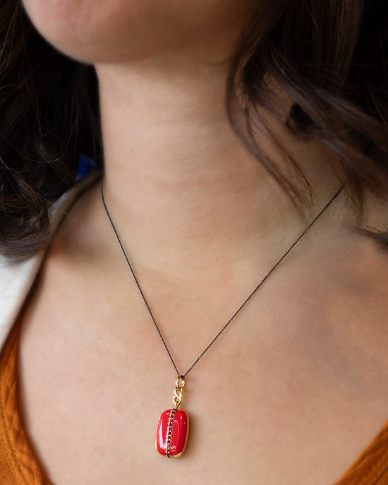 Red Enamel Vermeil Cushion Locket with Rubies