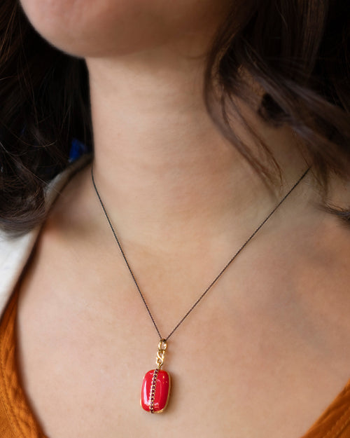 Red Enamel Vermeil Cushion Locket with Rubies