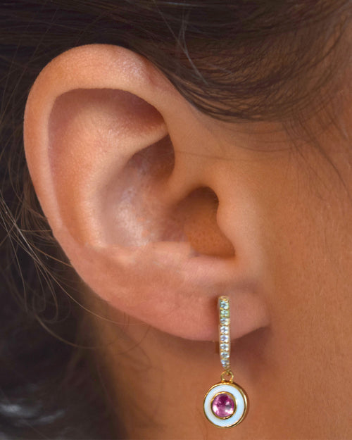 White Enamel and Vermeil Drop Earrings with Rhodolite and White Sapphires