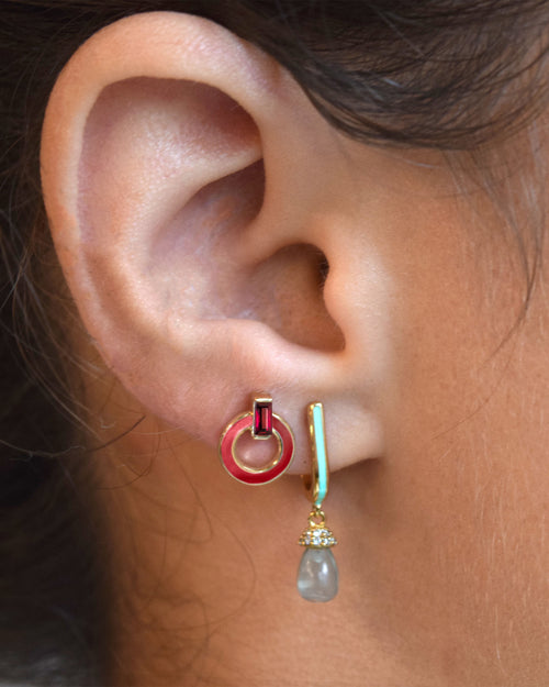 Red Enamel and Vermeil Round Stud Earrings with Baguette Ruby