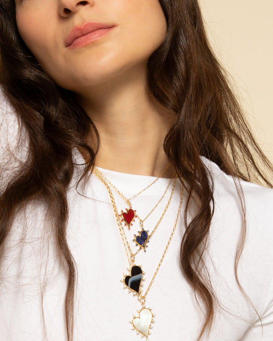Large Black Agate Heart Necklace with Diamonds
