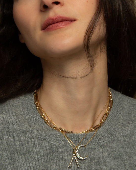 Water Opal Midi Crescent Moon Necklace with Diamonds