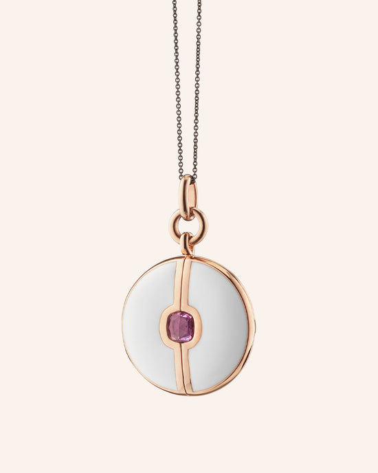 White Enamel and Vermeil Round Locket with Pink Sapphire