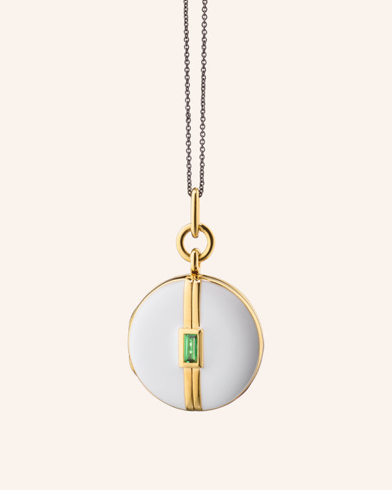 White Enamel Vermeil Round Locket with Tsavorite