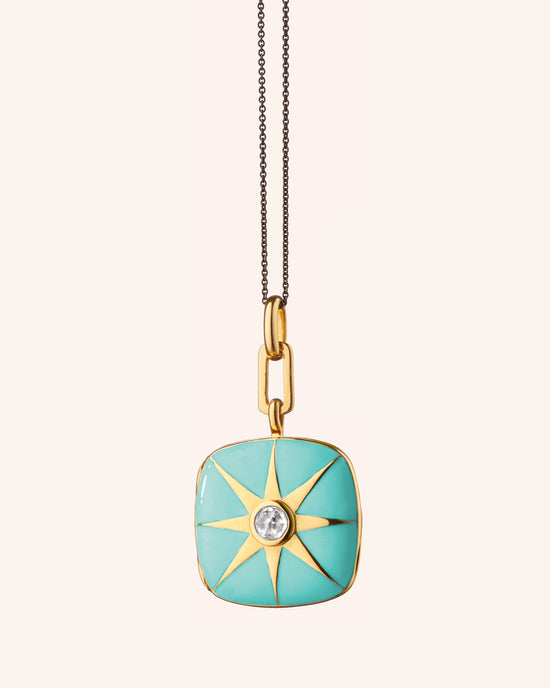 Limited Drop Turquoise Enamel Vermeil Cushion Locket with White Sapphire