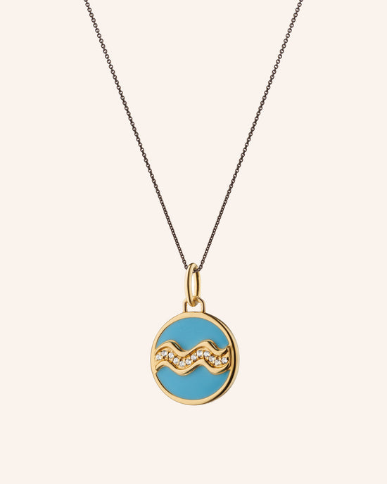 Mini “Aquarius” Enamel Vermeil Charm on 17" Black Steel Chain