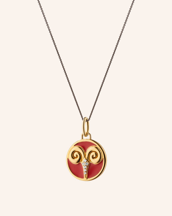 Mini “Aries” Enamel Vermeil Charm on 17" Black Steel Chain