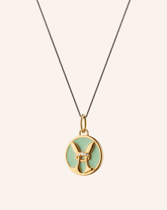 Mini “Pisces” Enamel Vermeil Charm on 17" Black Steel Chain