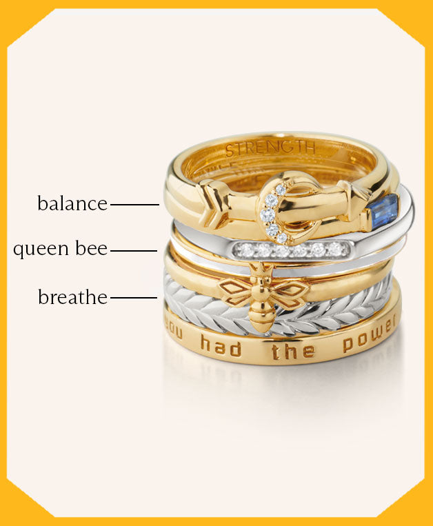 Poesy Stackable Rings featuring balance, queen bee, breathe