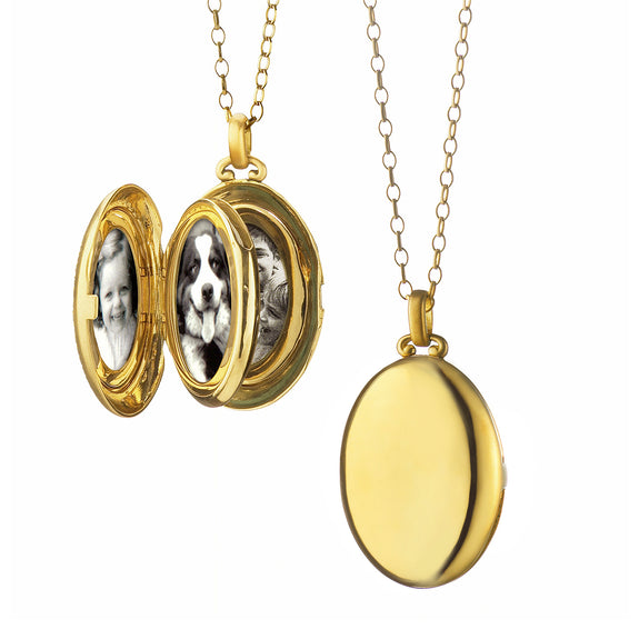 
  
    Four Photo Oval Locket in 18K gold with a high polish finish 
  
