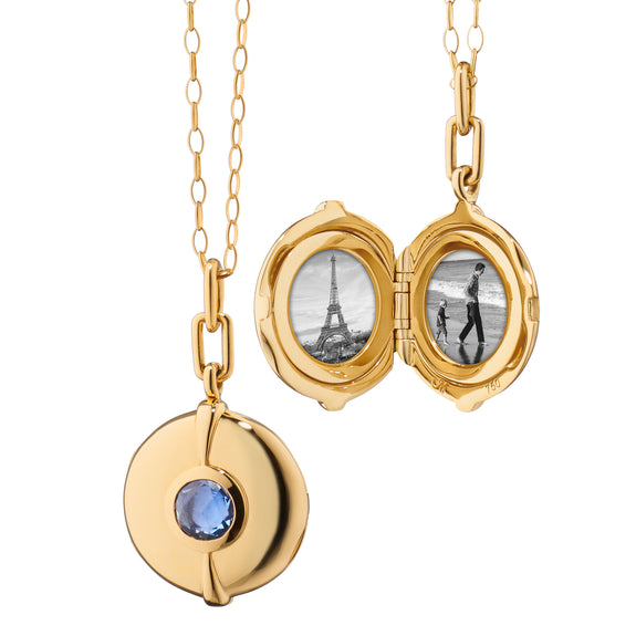 Round Blue Sapphire Gold Locket Necklace | Monica Rich Kosann
