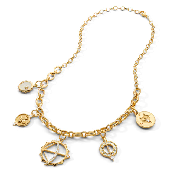 
  
    "Audrey" Link Charm Necklace in 18K Yellow Gold with: "Happiness" Sun, "Queen Bee", "Strength" Apollo, "Time is Precious" Sundial, and "Wild" Wolf Charms
  
