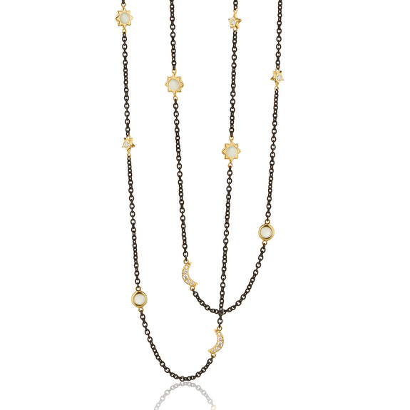 
  
    Sun, Moon and Stars 47” Diamond and Moonstone Steel Chain Necklace
  
