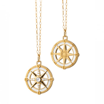 “Adventure” Compass Charm with White Enamel and Diamonds on 30" Gold Chain
