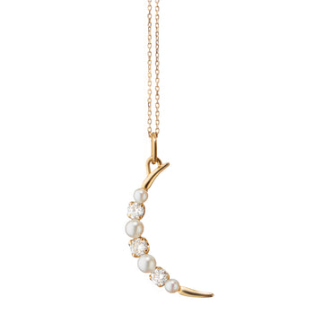 Diamond and Pearl Moon Charm Necklace