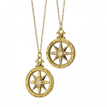 "Travel" Compass Charm with Diamonds on an Open Link Gold Chain