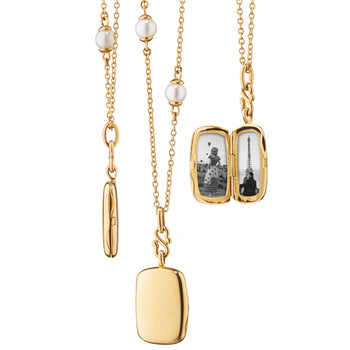 Slim "Britt" 18K Gold Locket Necklace on Pearl Chain, no engraving