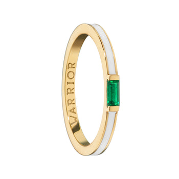 "Warrior" White Enamel and Emerald Poesy Stackable Ring