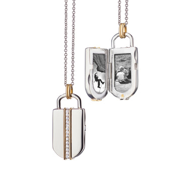 Two-Tone Large “Lock” Inspired Locket, Silver Chain