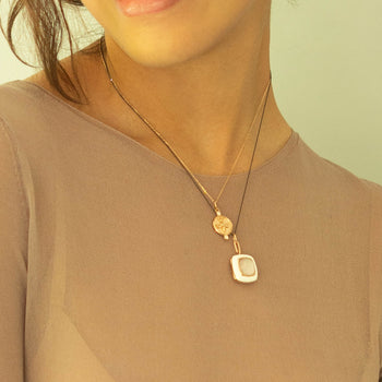 White Enamel Vermeil Cushion Locket with Pink Mother of Pearl and 18K Rose Gold "Queen Bee" Charm Necklace